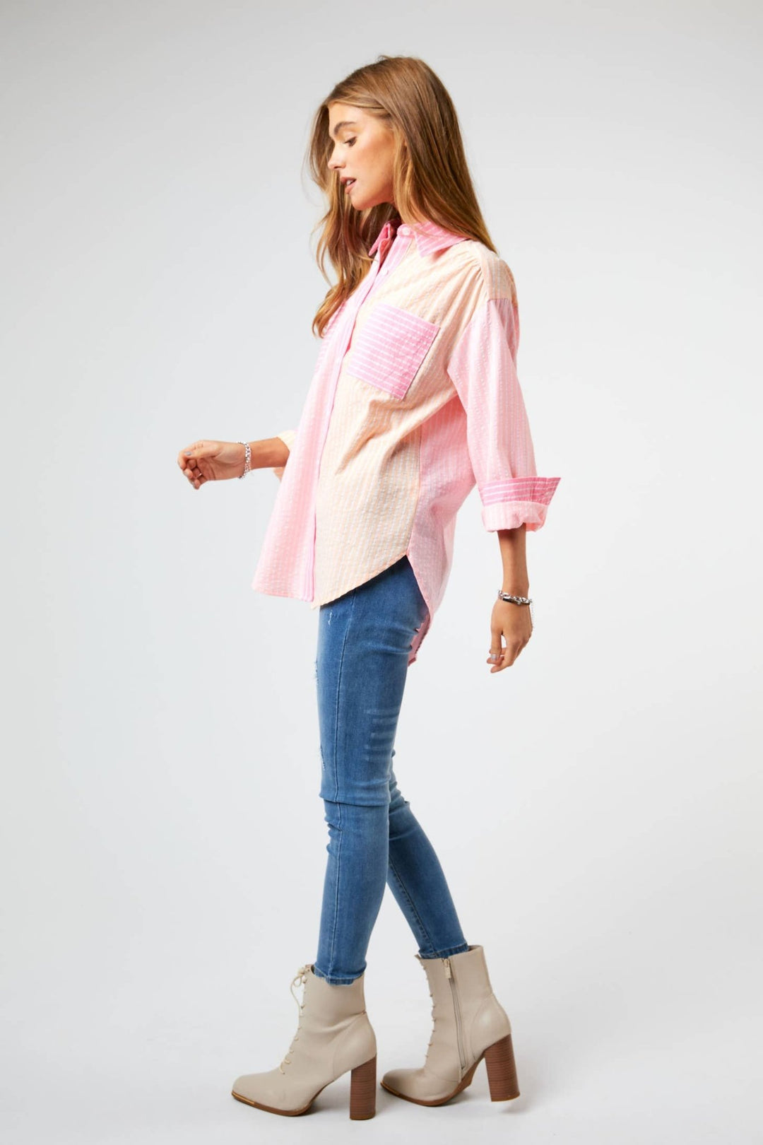 Striped Color Block Shirt Top - Pink - Clementine Home Floral Gift