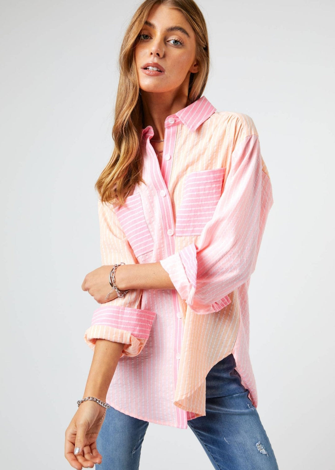 Striped Color Block Shirt Top - Pink - Clementine Home Floral Gift